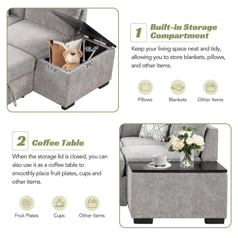 Divano sezionale a L a 4 posti da 83,8" con letto estraibile, chaise longue contenitore, porte USB, prese di corrente e portabicchieri