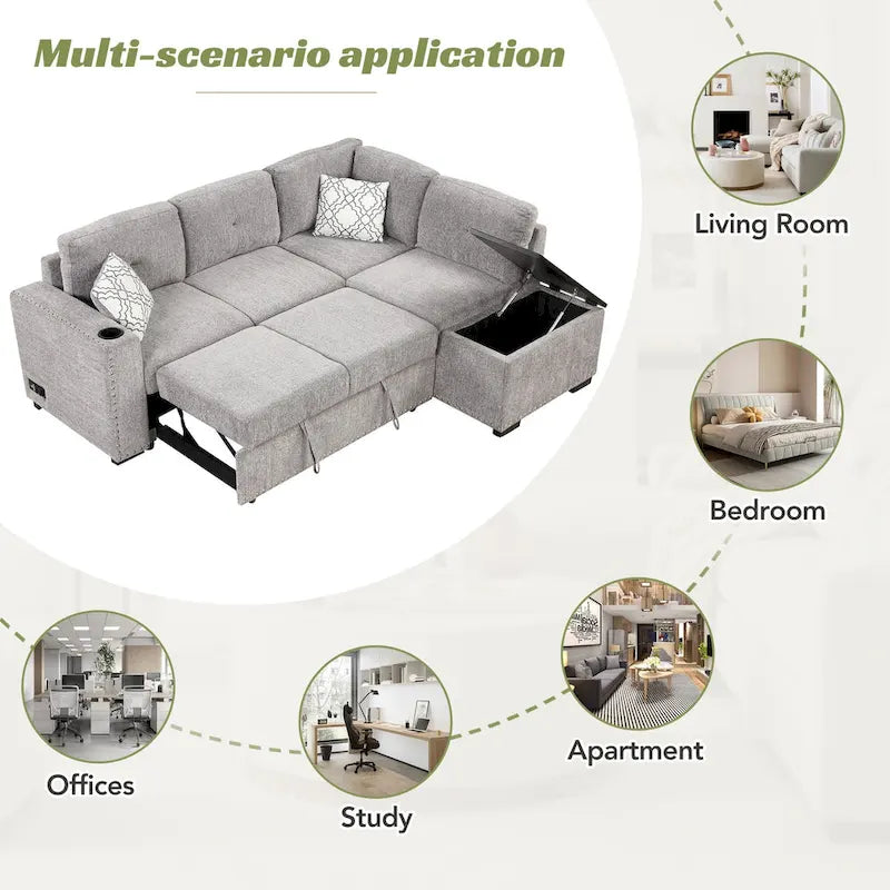 Divano sezionale a L a 4 posti da 83,8" con letto estraibile, chaise longue contenitore, porte USB, prese di corrente e portabicchieri