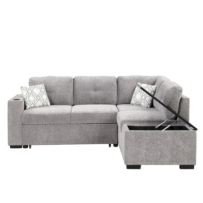 Divano sezionale a L a 4 posti da 83,8" con letto estraibile, chaise longue contenitore, porte USB, prese di corrente e portabicchieri