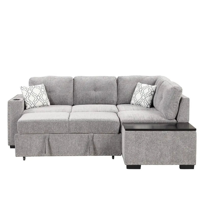 Divano sezionale a L a 4 posti da 83,8" con letto estraibile, chaise longue contenitore, porte USB, prese di corrente e portabicchieri