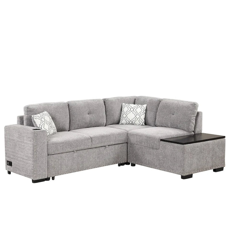 Divano sezionale a L a 4 posti da 83,8" con letto estraibile, chaise longue contenitore, porte USB, prese di corrente e portabicchieri