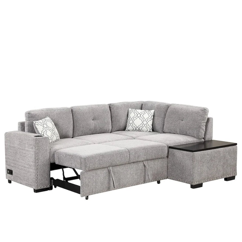 Divano sezionale a L a 4 posti da 83,8" con letto estraibile, chaise longue contenitore, porte USB, prese di corrente e portabicchieri