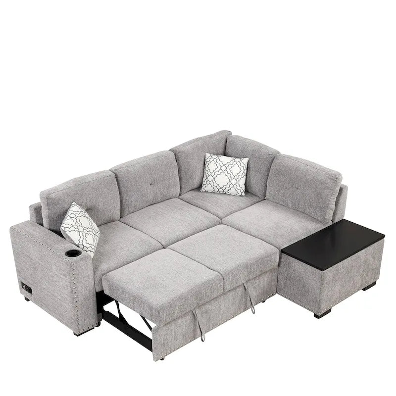 Divano sezionale a L a 4 posti da 83,8" con letto estraibile, chaise longue contenitore, porte USB, prese di corrente e portabicchieri