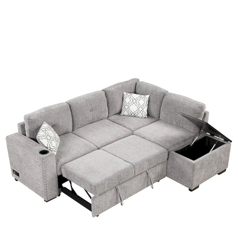 Divano sezionale a L a 4 posti da 83,8" con letto estraibile, chaise longue contenitore, porte USB, prese di corrente e portabicchieri