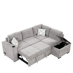 Divano sezionale a L a 4 posti da 83,8" con letto estraibile, chaise longue contenitore, porte USB, prese di corrente e portabicchieri