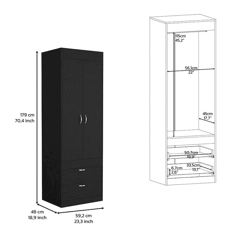 18.9 Armadio moderno a doppia anta con due cassetti inferiori e asta appendiabiti per camera da letto