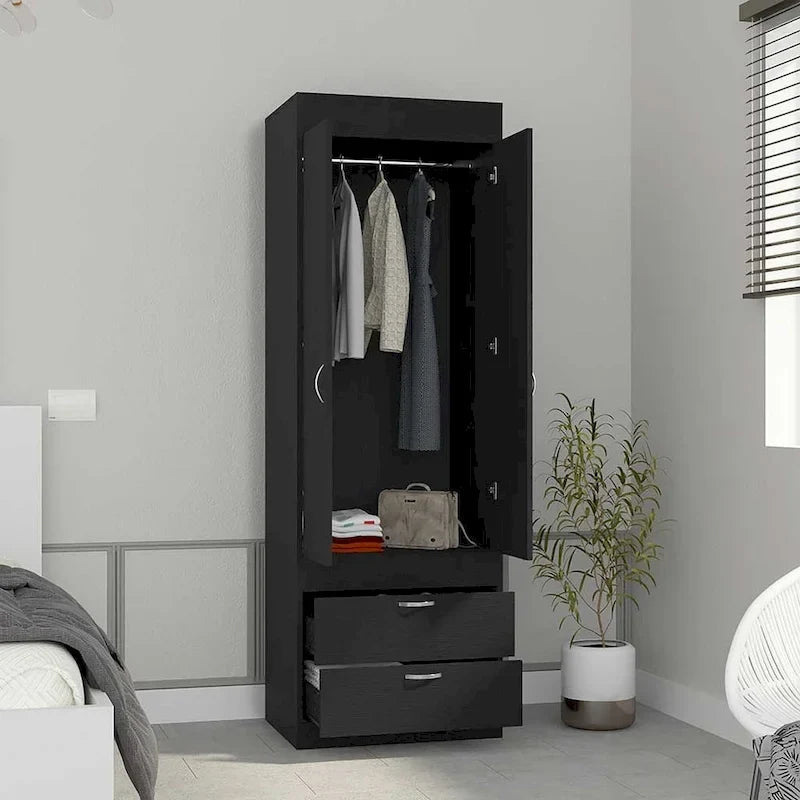 18.9 Armadio moderno a doppia anta con due cassetti inferiori e asta appendiabiti per camera da letto