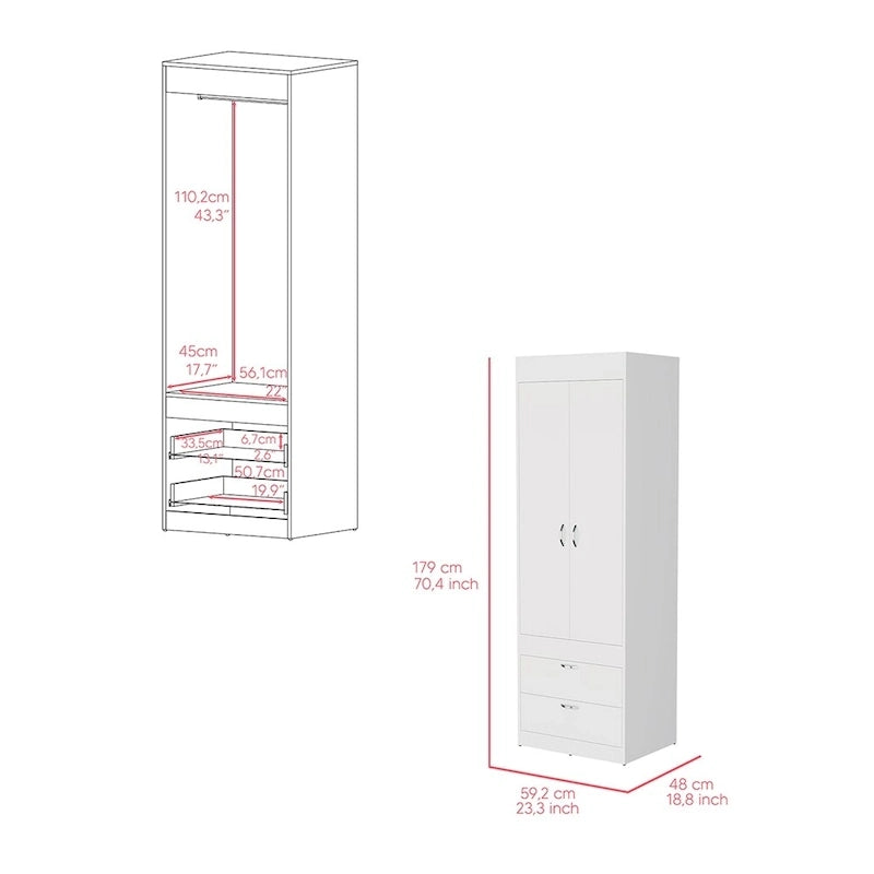 18.9 Armadio moderno a doppia anta con due cassetti inferiori e asta appendiabiti per camera da letto