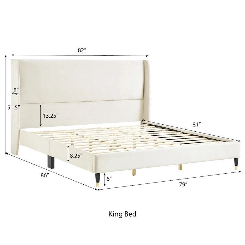 Letto a piattaforma beige king-size con testiera in velluto ad ali di pipistrello