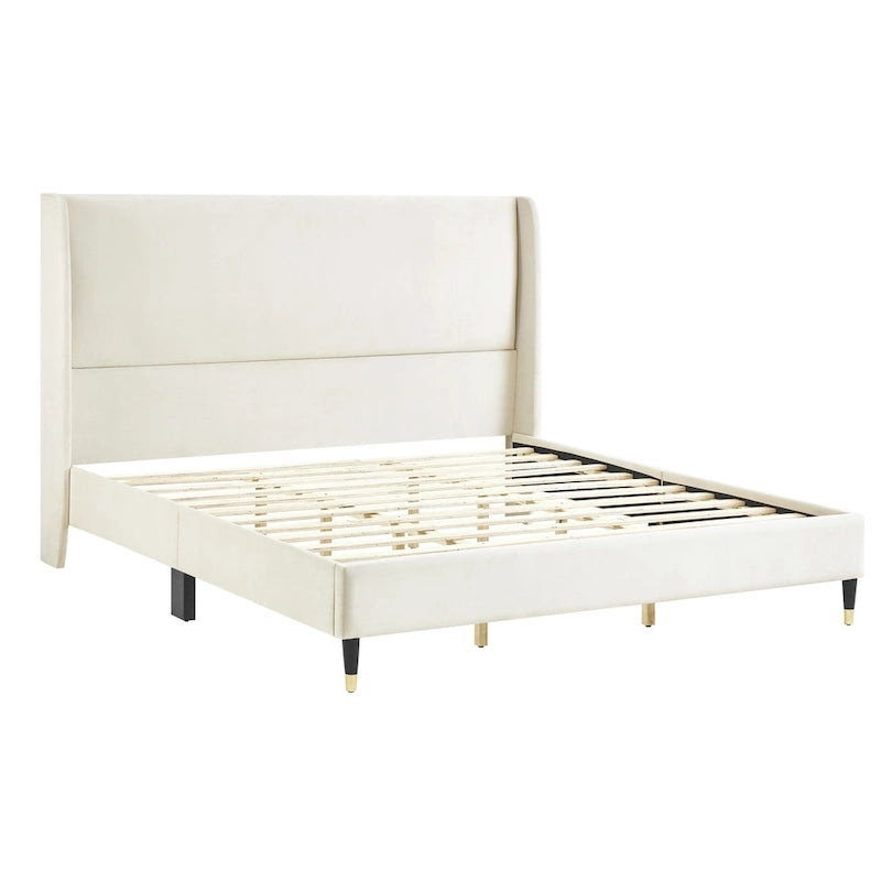 Letto a piattaforma beige king-size con testiera in velluto ad ali di pipistrello