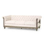 Divano a 3 posti Chesterfield beige capitonné con gambe in legno