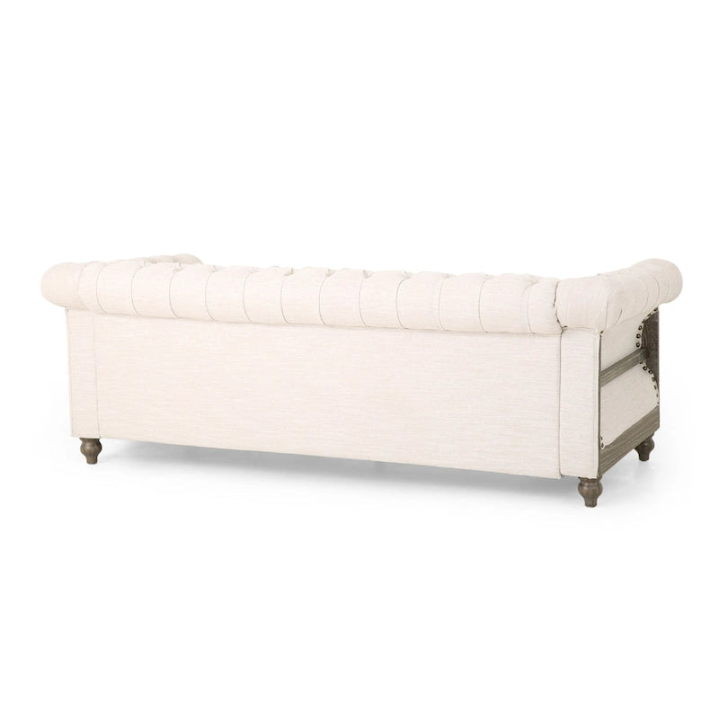 Divano a 3 posti Chesterfield beige capitonné con gambe in legno