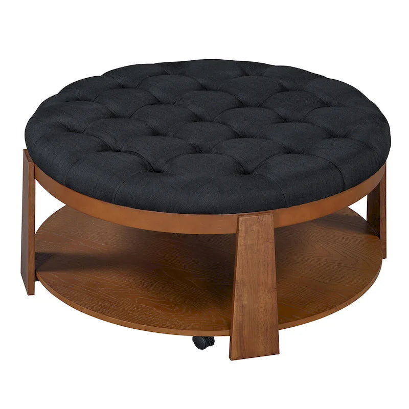Tavolino da Caffè Rotondo Imbottito con Bottoni, Ripiano in Legno e Ruote da 36