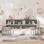 Letto a terra Montessori per materasso singolo/una piazza e mezza con libreria, ripiani e sponde di sicurezza bianco/grigio