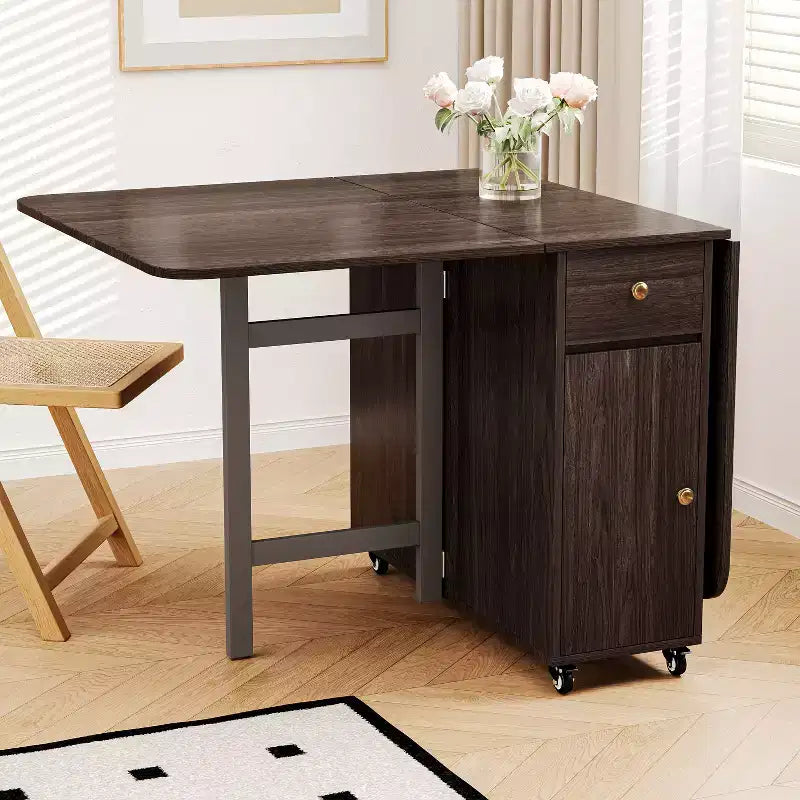 ATJafurn Tavolo da Pranzo Pieghevole da 150 cm con Ante a Scomparsa Salvaspazio, Tavolo da Cucina Rettangolare Allungabile in Legno con Ruote e Contenitore
