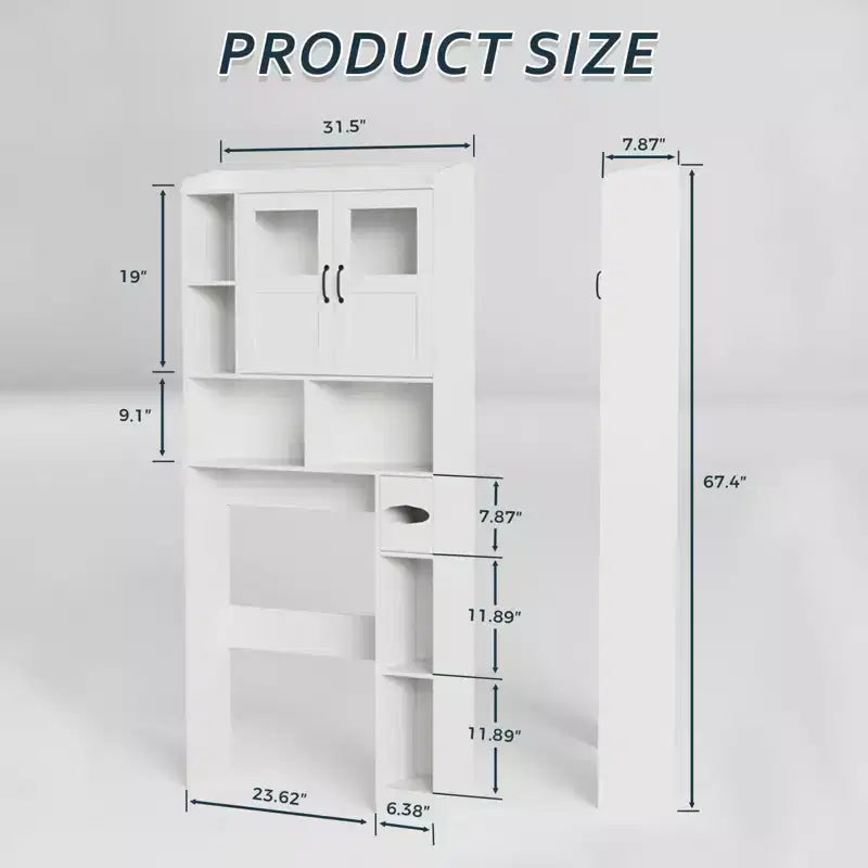 Mobiletto salvaspazio sopra il WC - Organizer e mobiletto da bagno in stile rustico da 67,4 H con ripiano regolabile e anta in vetro per bagno, lavanderia
