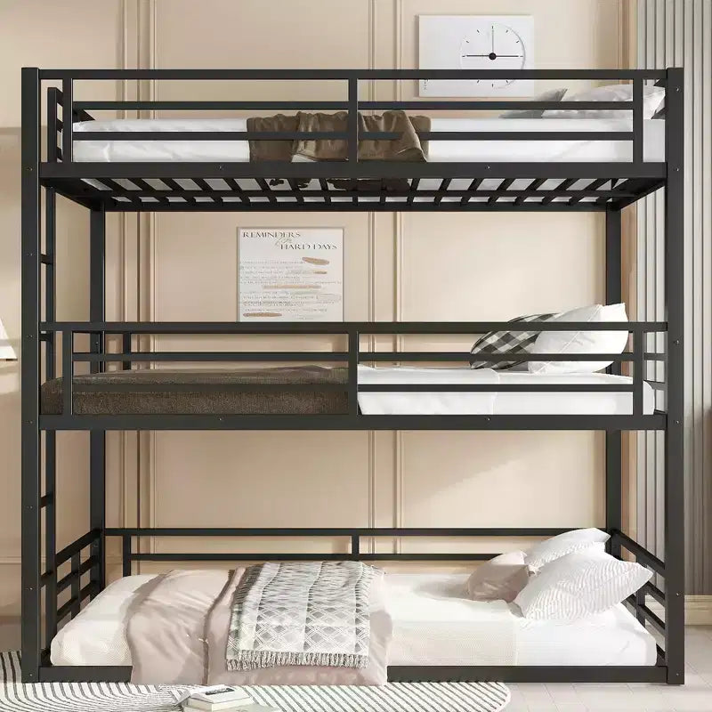 Letto a castello triplo completo, in metallo, con ringhiere di sicurezza, letto a castello robusto con design a riduzione di rumore, nero
