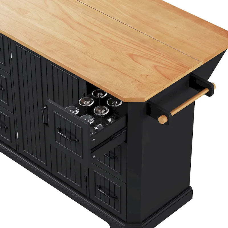 Isola Cucina Espandibile con Ante a Scomparsa, Carrello Cucina su 4 Ruote con Presa Elettrica, Tavolo Isola Mobile con 2 Ante e 6 Cassetti