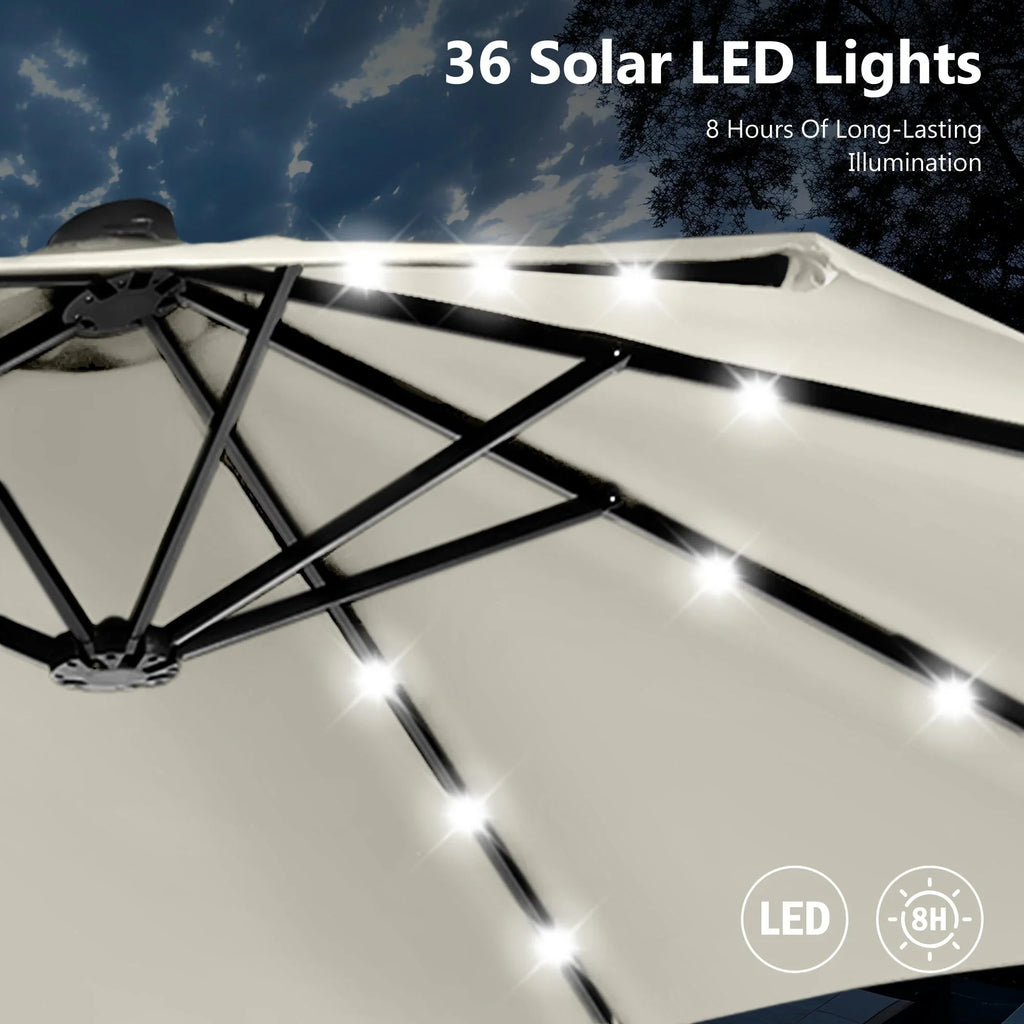MAISON ARTS Ombrellone rettangolare da esterno a manovella con doppia falda da 4,5 metri, con luci a LED solari e base inclusa