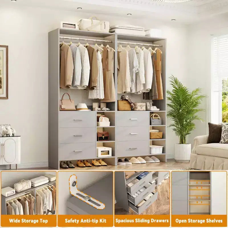 Besiost Set di 4 organizer per armadio con cassetti in legno e aste appendiabiti