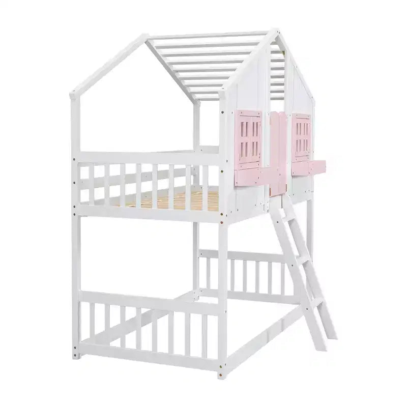 Letto a soppalco a forma di casetta con scaletta e spondine per bambini, in legno, misura singola