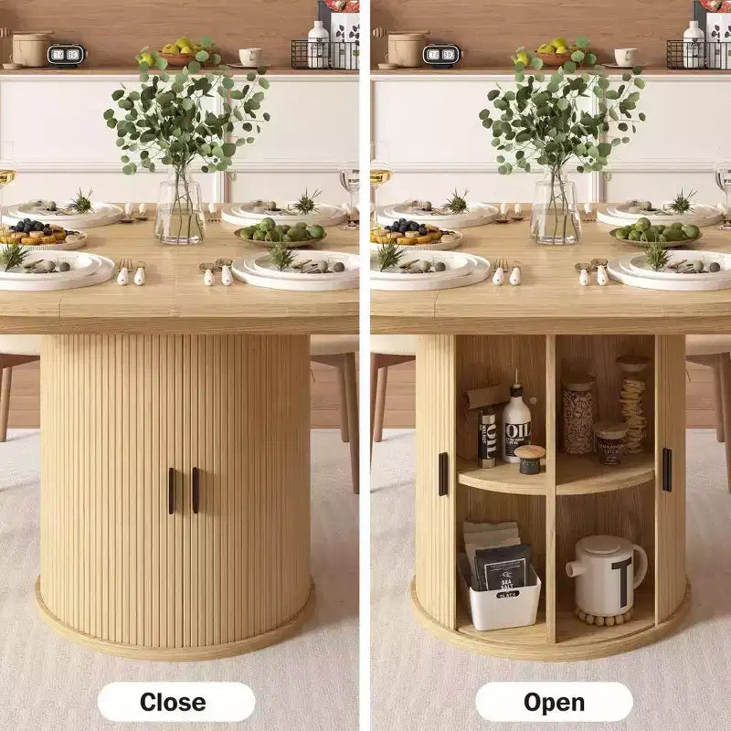 Dyonery 63 Tavolo da cucina e sala da pranzo rotondo allungabile con ripiano portaoggetti a 2 livelli, con base a piedistallo, mobili da pranzo in legno ovale, noce