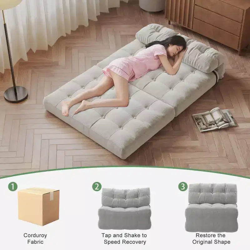 Divano Letto Futon Pieghevole in Velluto a Coste, Sedia Convertibile da Pavimento con Cuscino e Supporto per la Schiena