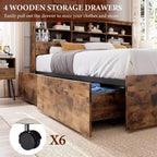 Struttura Letto Matrimoniale con Testiera Contenitore, Struttura Letto in Legno con 4 Cassetti, Libreria Contenitore e Letto a Piattaforma King Size con Robusto Supporto in Metallo