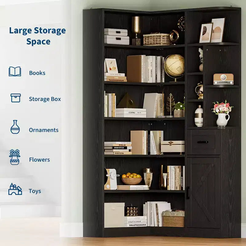 Libreria angolare, librerie angolari alte 74 pollici, libreria a forma di L a 6 livelli con ripiani aperti e cassetti portaoggetti per soggiorno o ufficio domestico