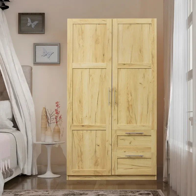 Armadio Guardaroba Bianco in Legno con Ante, Cassetti e Asta Appendiabiti