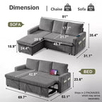 Divano Letto Estraibile 2 in 1 Dyonery con Chaise Longue Contenitore e USB, Divano Angolare in Velluto a Coste per Soggiorno