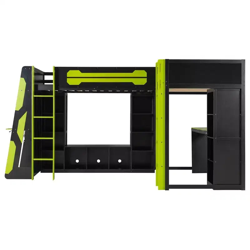 Letto a soppalco a L da gaming con scrivanie, letti a soppalco doppi con luci LED, porte USB, scaffali portaoggetti, letto a soppalco ad angolo in legno per 2