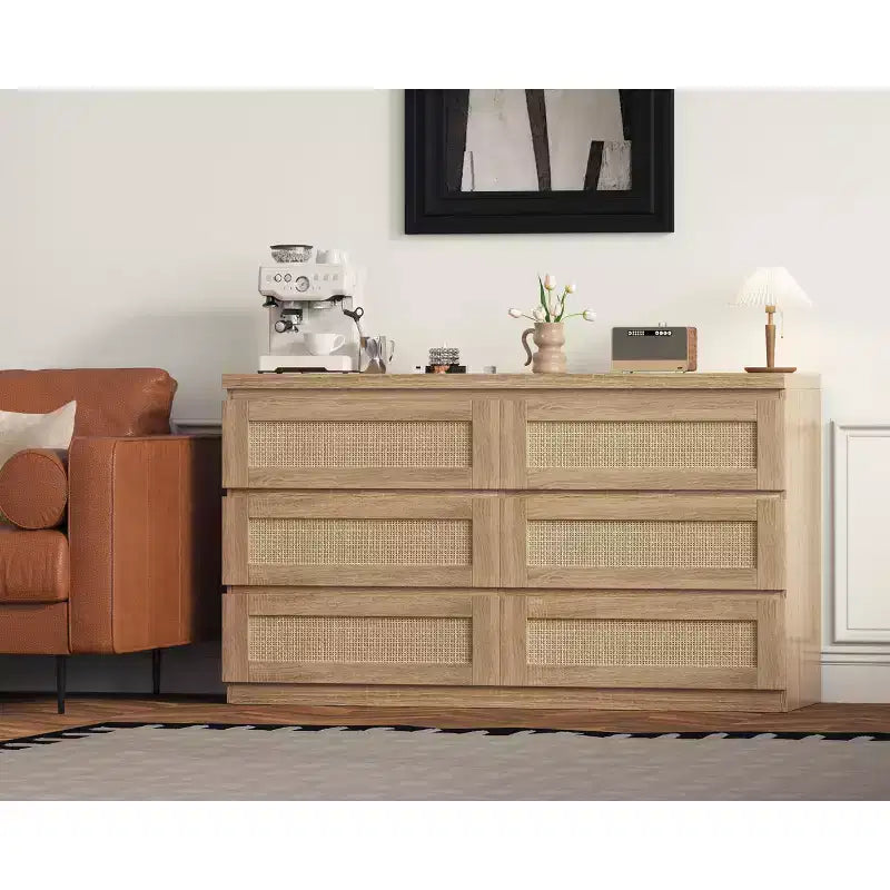 Cassettiera in Rattan per Camera da Letto con 6 Cassetti, Comò Largo Moderno in Stile Fattoria da 120 cm, Mobile Contenitore in Legno per Armadio, Soggiorno, Corridoio