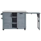 Isola cucina da esterno FAMYYT da 198,9 cm con piano di lavoro in acciaio inossidabile, stazione barbecue pieghevole e mobili contenitori, blu grigio