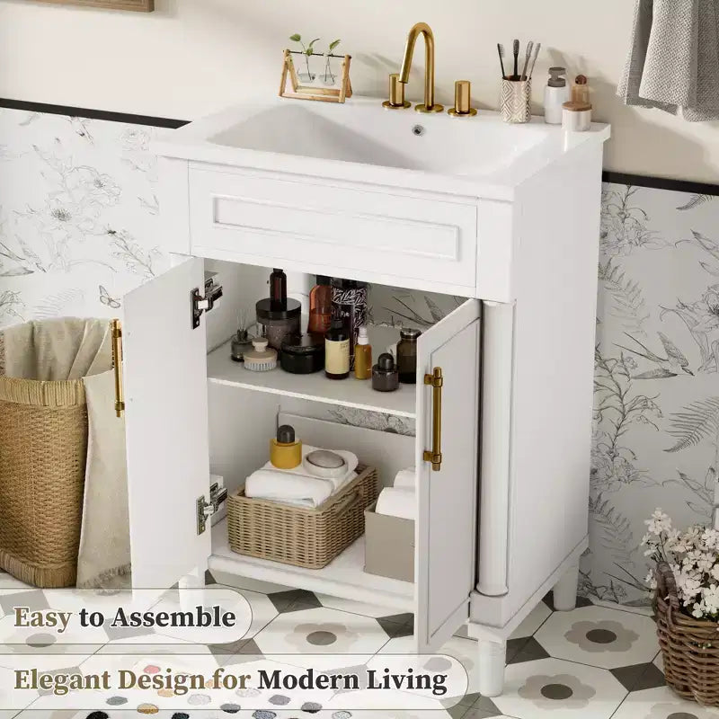Mobiletto da bagno 61 cm con lavabo in ceramica, mobile stile shaker, 2 ante con chiusura ammortizzata, struttura in legno massello per bagno piccolo o bagno di servizio