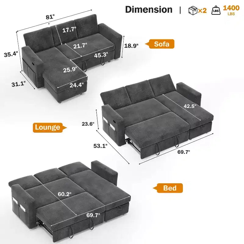 Dyonery Divano Letto Angolare 81, Divano Estraibile a L con Chaise Longue Reversibile con Contenitore, USB, Schienale Reclinabile