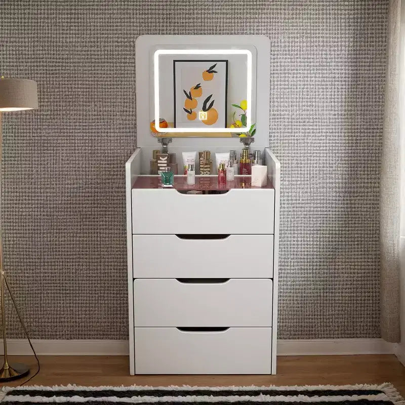 Okak Tavolo da toeletta 3 in 1 con specchio a scomparsa, toeletta compatta con piano in vetro a vista e sgabello imbottito, scrivania da toeletta per camera da letto