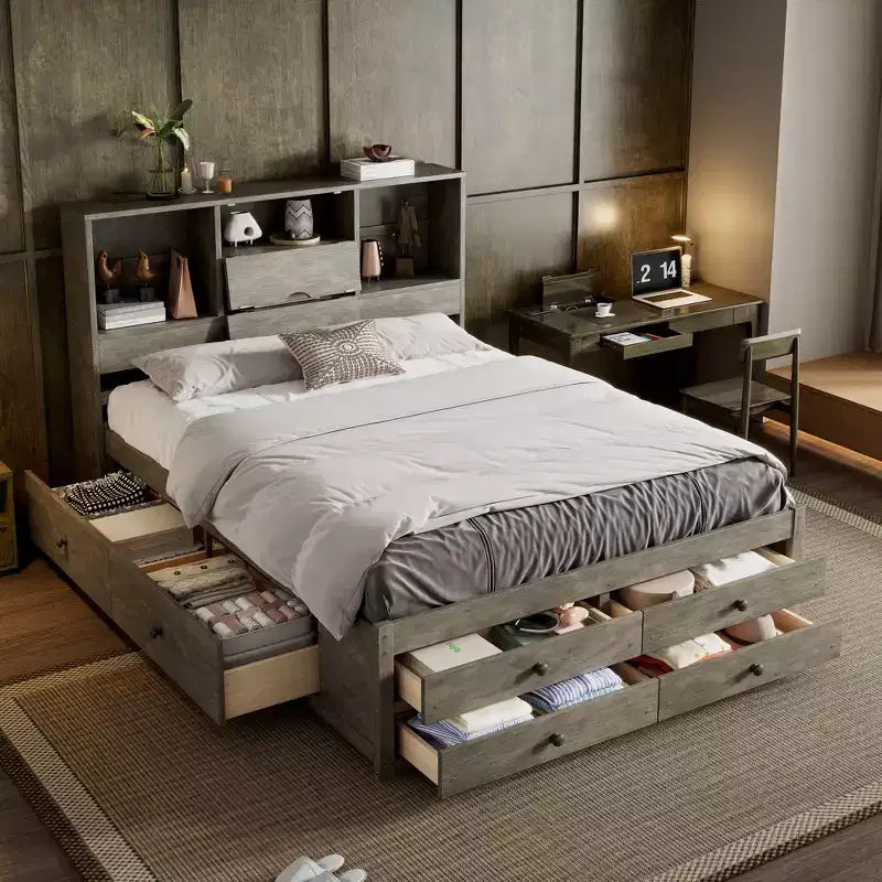 Letto a piattaforma Queen Size con ripiano portaoggetti e 8 cassetti, facile da montare