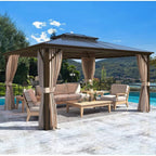 EROMMY Gazebo a tetto rigido, Pergola da esterno con doppio tetto, zanzariere e tende, Tenda da sole resistente per patio, cortile, feste in piscina
