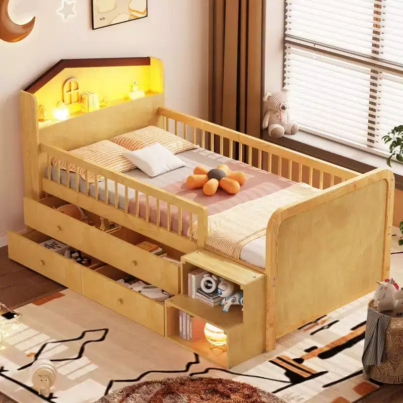 Letto a soppalco basso Whisen con luci a LED, testiera a forma di casetta e cassetti portaoggetti, struttura solida