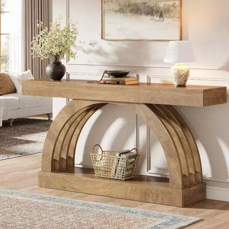 Consolle da ingresso Lantine da 63 pollici, tavolino a 2 ripiani dietro il divano, consolle ad arco stretta unica in stile rustico per corridoio, soggiorno, atrio, naturale