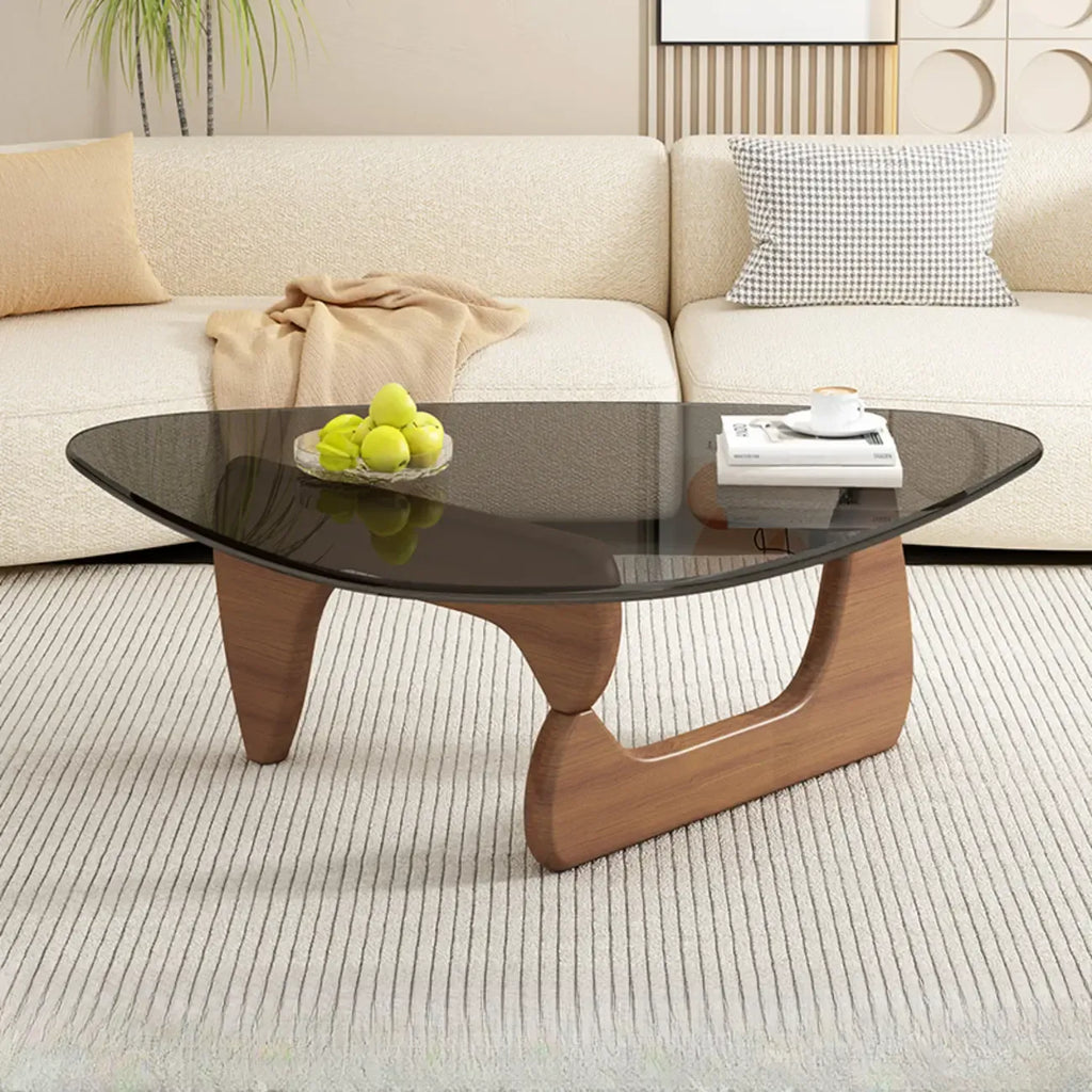 Tavolino da Caffè Triangolare con Piano in Vetro e Base in Legno