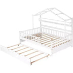 Acekool Letto a capanna a grandezza naturale con letto estraibile singolo, cassetti e ripiani portaoggetti, tetto e recinzione, letto a piattaforma per bambini, bianco