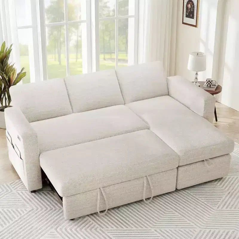 Divano Letto Estraibile 2 in 1 con Chaise Longue Contenitore, Divano Componibile in Ciniglia con Porte USB per Soggiorno