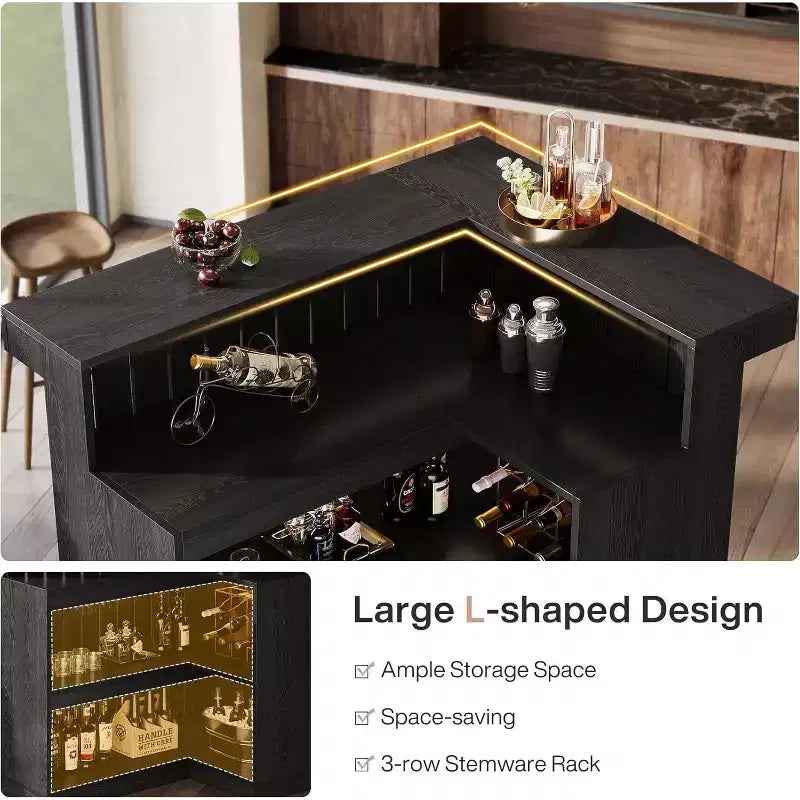 Mobile bar a L Lantine, tavolo da bar angolare a 4 ripiani con mensole e porta calici da vino per pub domestico