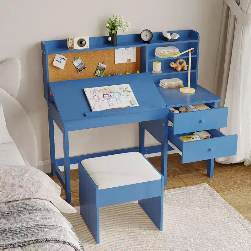 Set scrivania e sedia per bambini, tavolo da studio in legno con piano inclinabile regolabile, cassetti e bacheca in sughero - Set scrivania per lo studio dei bambini