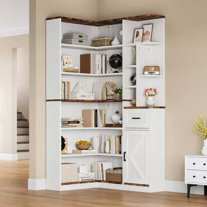 Libreria angolare, librerie angolari alte 74 pollici, libreria a forma di L a 6 livelli con ripiani aperti e cassetti portaoggetti per soggiorno o ufficio domestico
