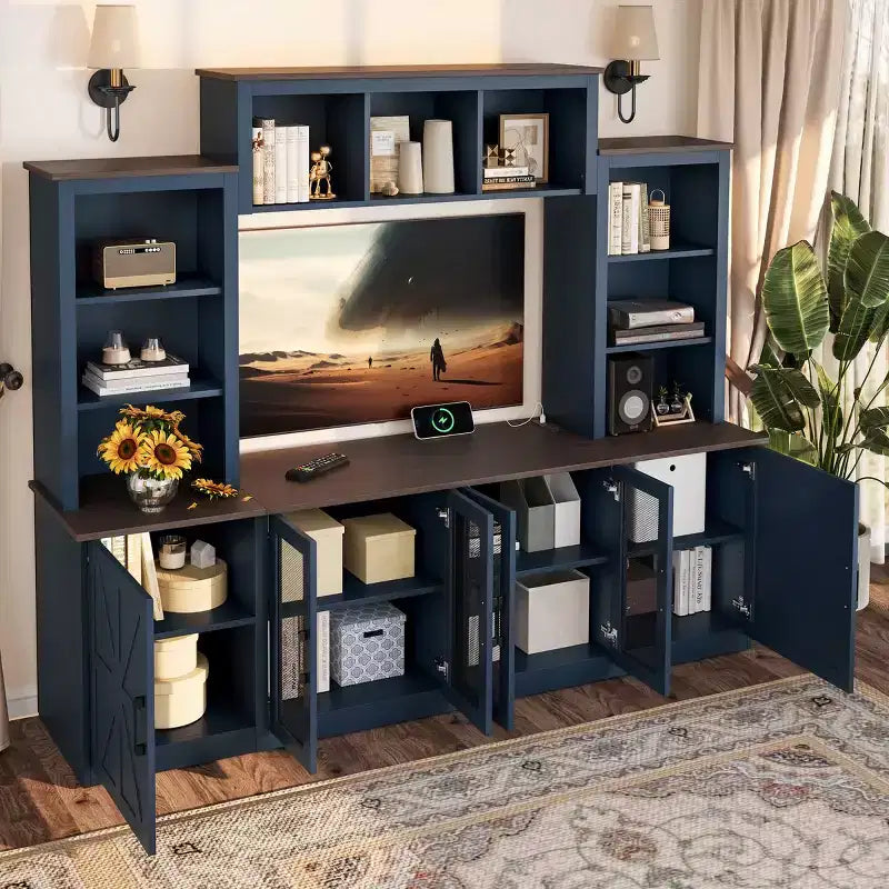 Mobile TV moderno per TV da 55 pollici con stazione di ricarica, console multimediale con ampi armadietti, centro di intrattenimento per soggiorno-Panipeachy