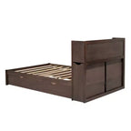 Letto matrimoniale con contenitore, rotelle estraibili, testiera libreria e stazione di ricarica, struttura letto in legno matrimoniale con mensole e cassetti
