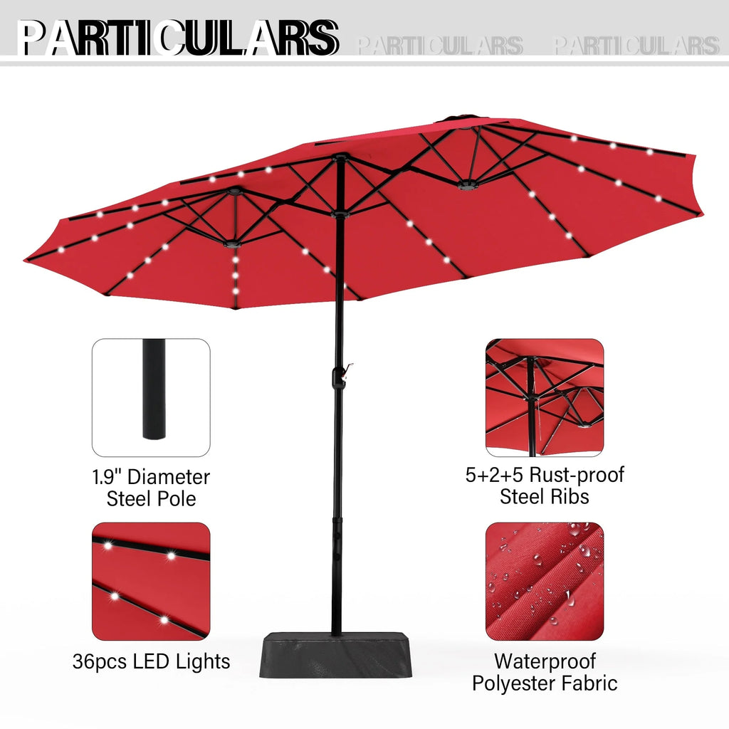Ombrellone da esterno rettangolare con manovella, a doppia faccia, da 4,5 metri, con luci a LED solari e base inclusa